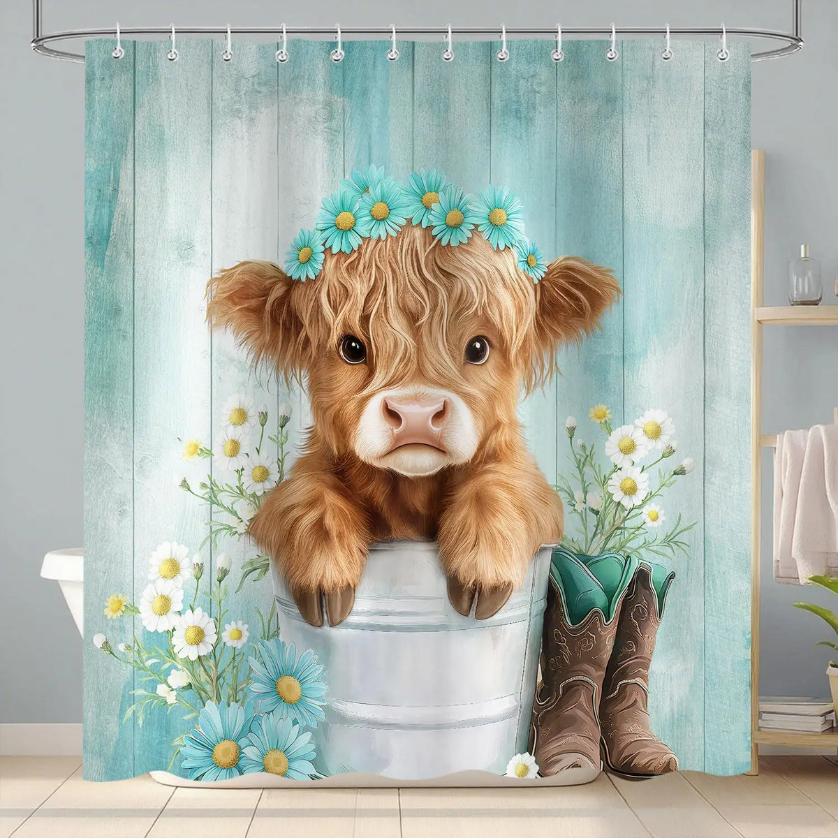 Western Highland Cow Shower Curtain Waterproof Farmhouse Decor