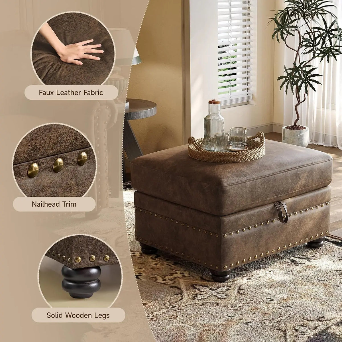 ONBRILL Faux Leather Storage Ottoman Lift Top Footstool with Hidden Storage