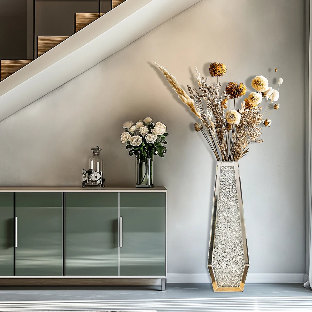 Luxury Crushed Diamond Mirrored Decorative Floor Glass Vase
