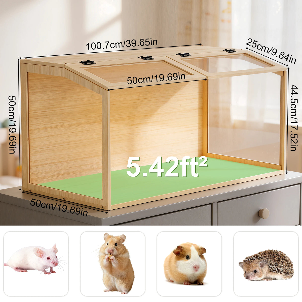 Wooden Hamster Cage Habitat with Glass Panels and LED Light