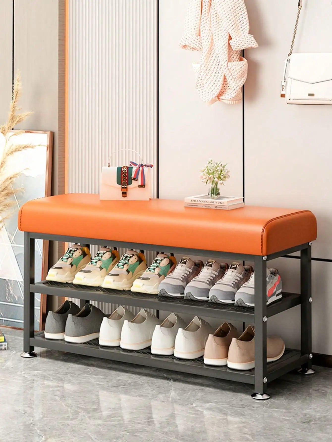 Storage Bench With Metal Frame Cushioned Shoe Organizer For Bedroom