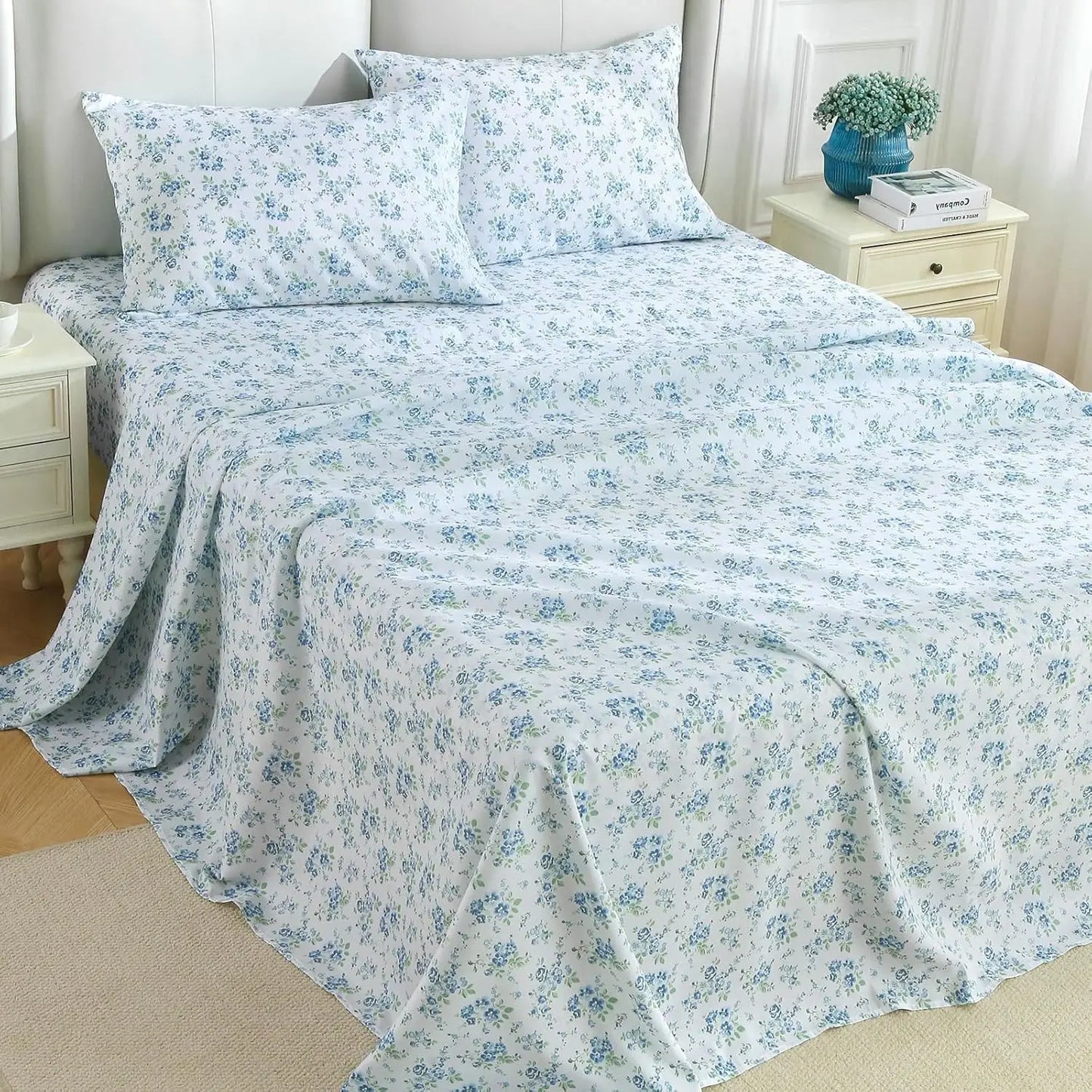 4 Piece Sheet Set Soft Breathable Wrinkle Free Cooling Bedding Polyester Cotton