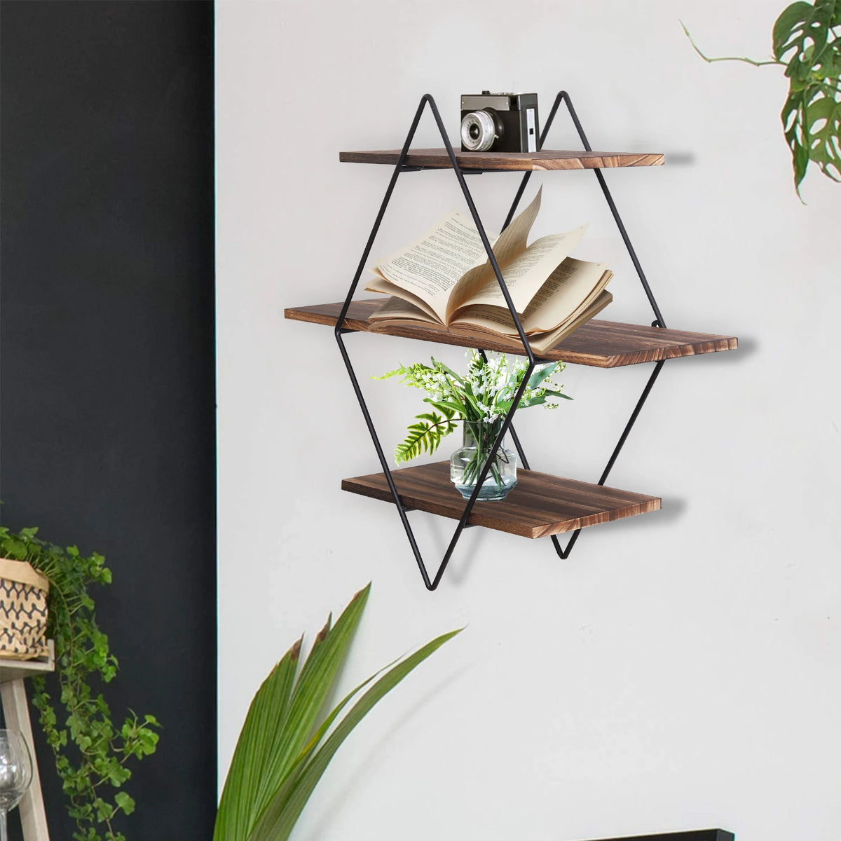 Three Tier Industrial Wood Floating Shelf Wall Mounted Rack