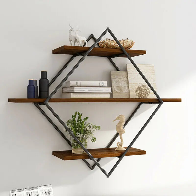 Three Tier Industrial Wood Floating Shelf Wall Mounted Rack