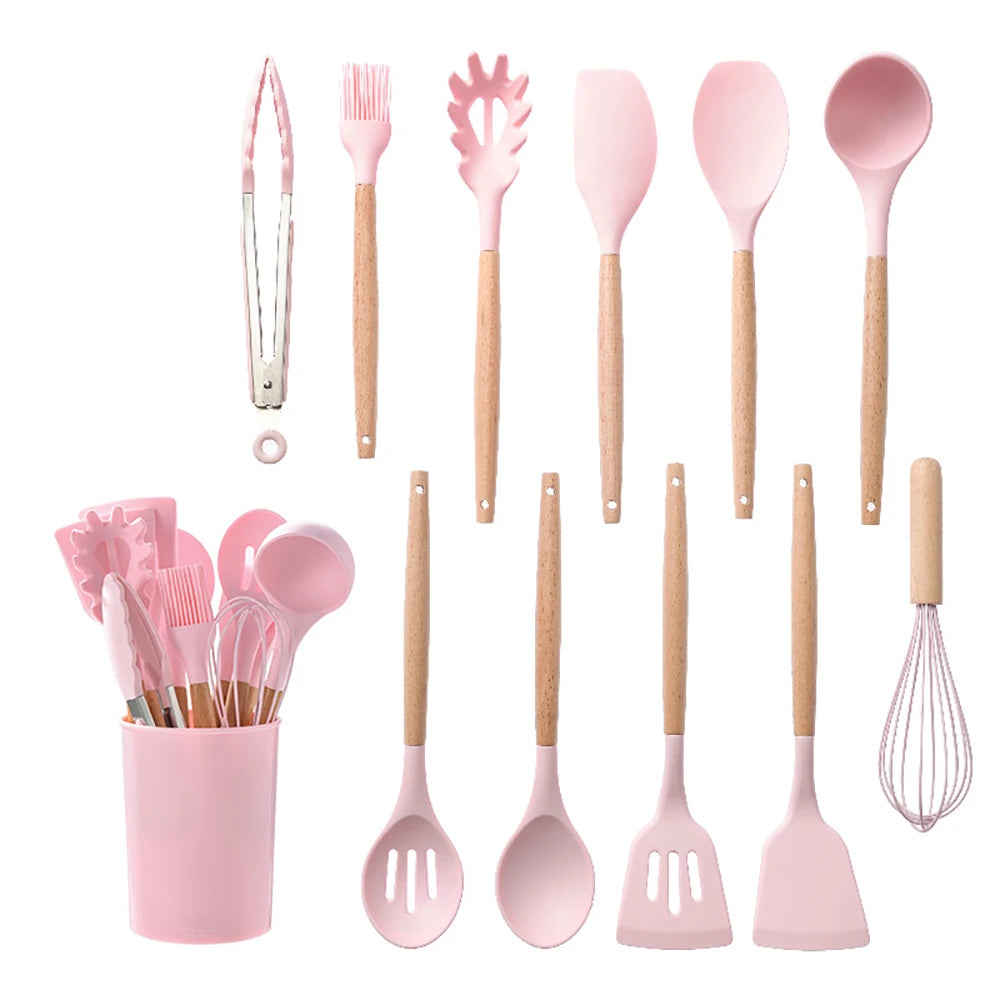 Feature Silicone Kitchen Utensils Set With Wooden Handle