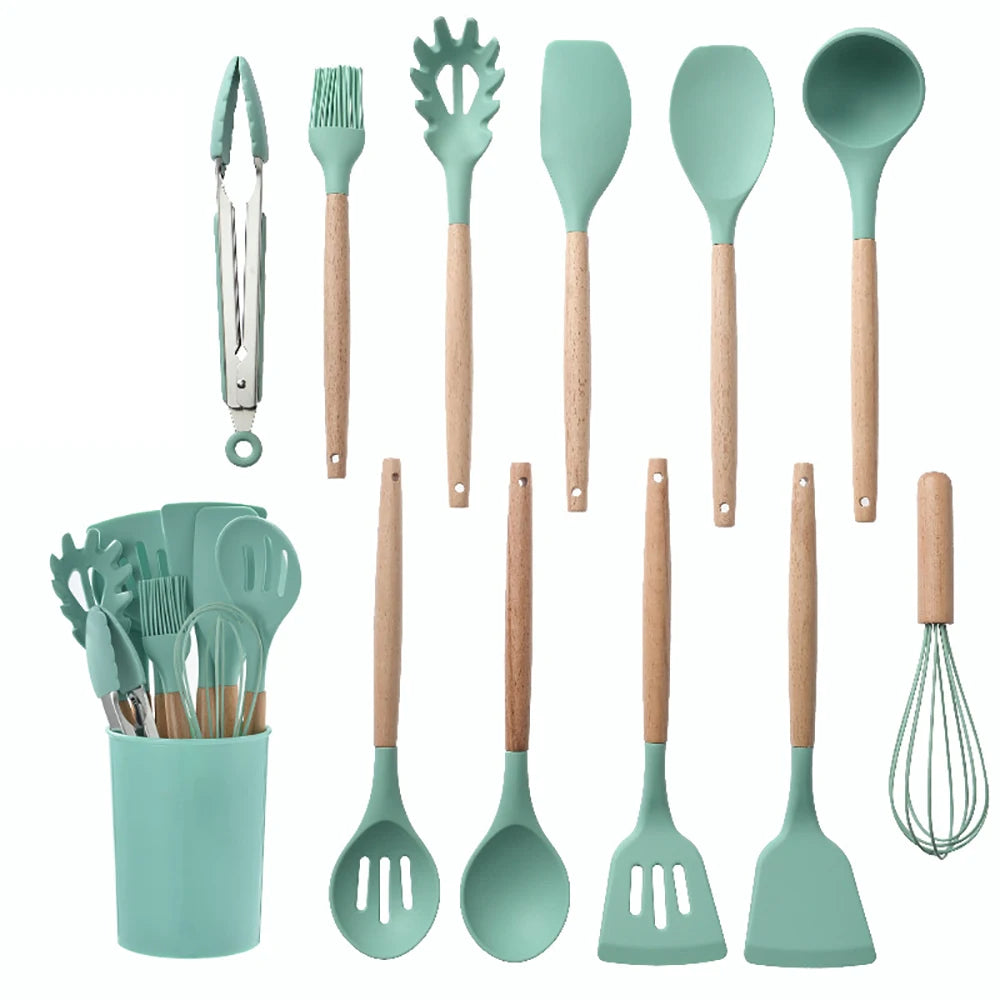 Feature Silicone Kitchen Utensils Set With Wooden Handle