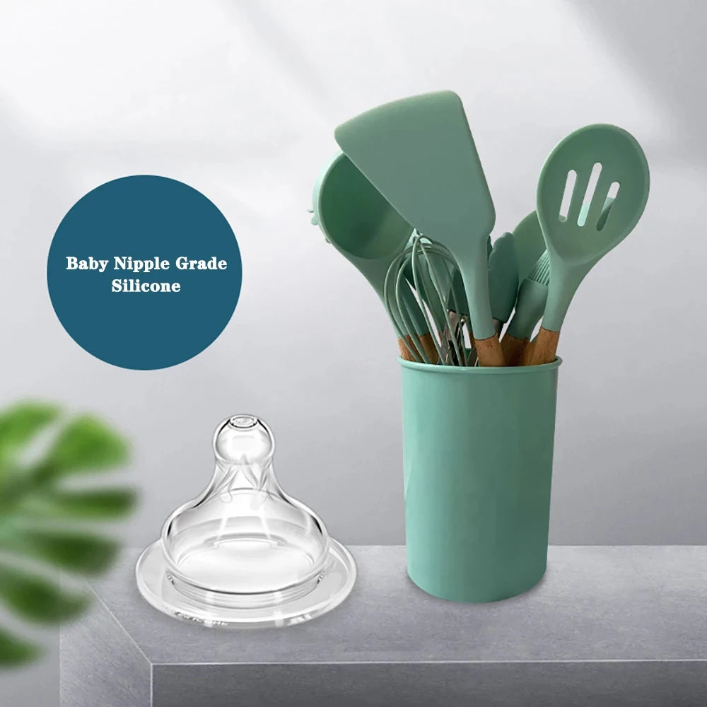 Feature Silicone Kitchen Utensils Set With Wooden Handle