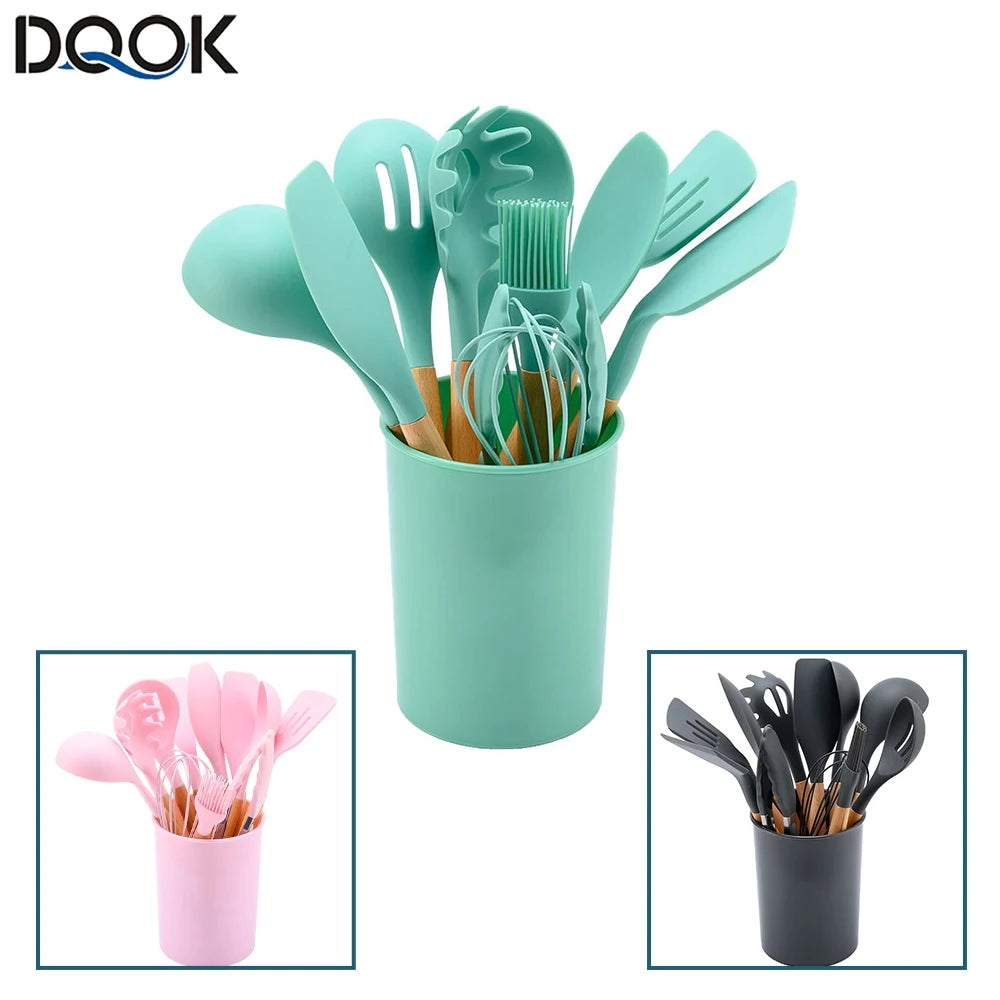 Feature Silicone Kitchen Utensils Set With Wooden Handle