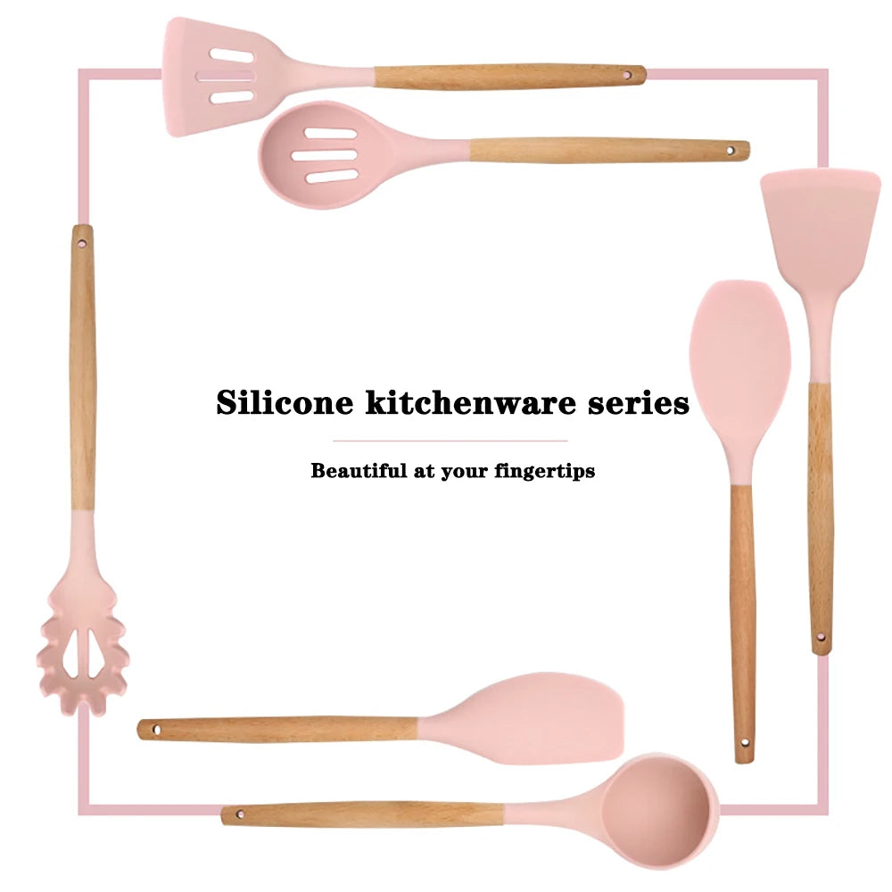 Feature Silicone Kitchen Utensils Set With Wooden Handle