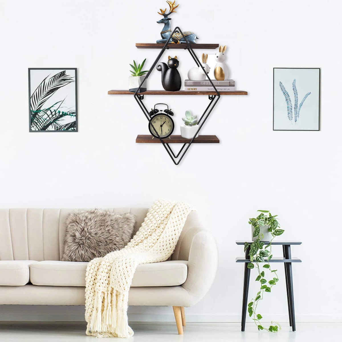 Three Tier Industrial Wood Floating Shelf Wall Mounted Rack