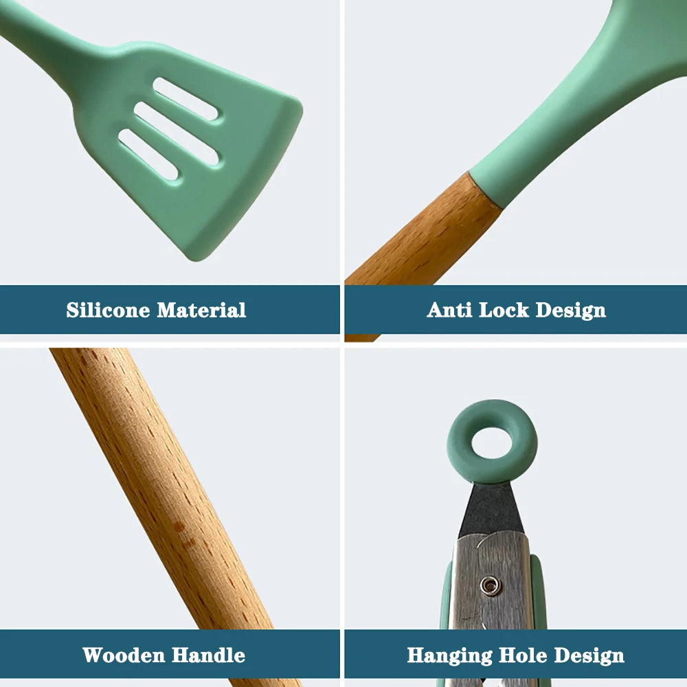 Feature Silicone Kitchen Utensils Set With Wooden Handle