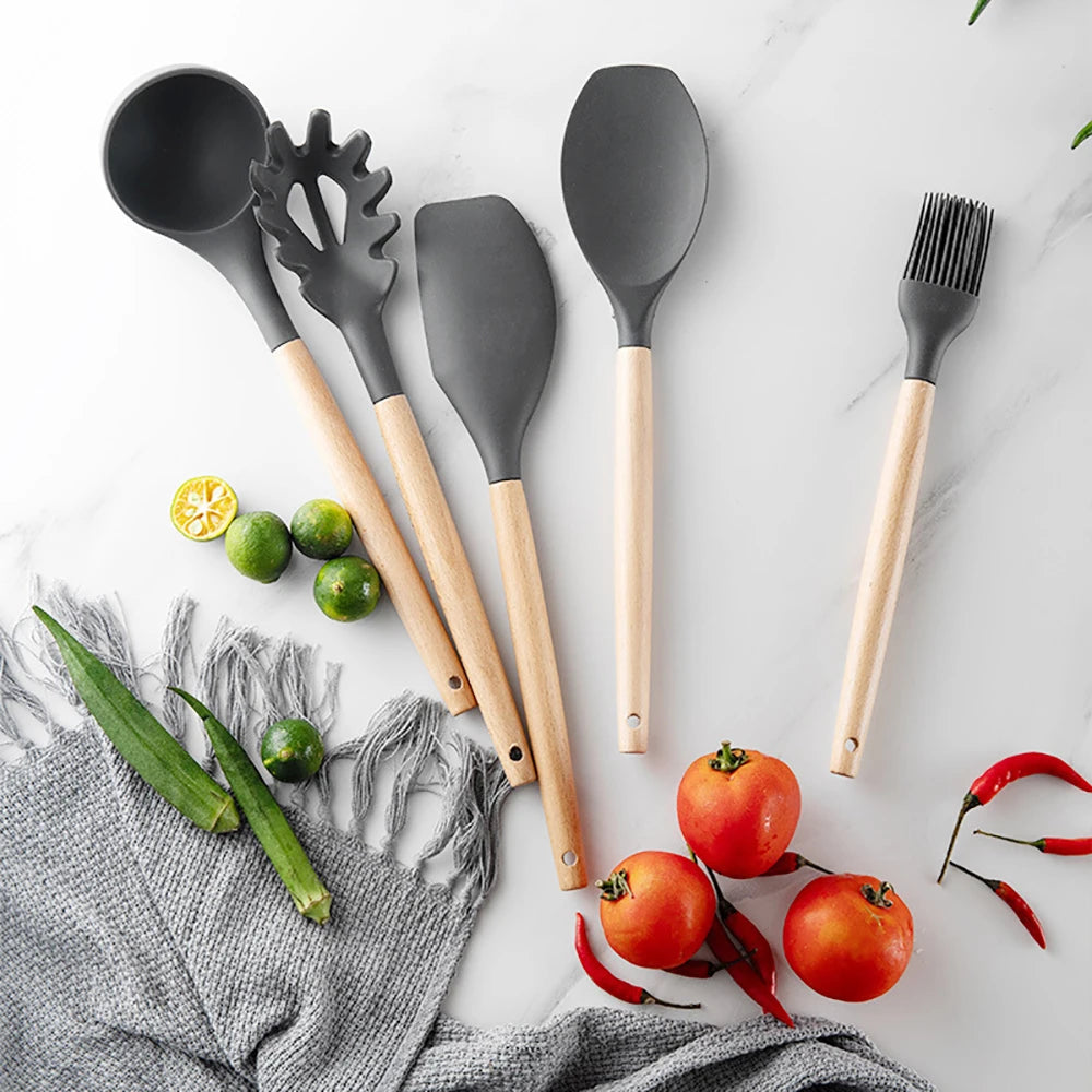 Feature Silicone Kitchen Utensils Set With Wooden Handle