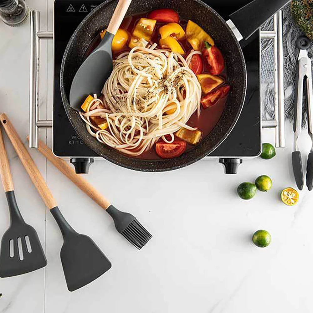 Feature Silicone Kitchen Utensils Set With Wooden Handle