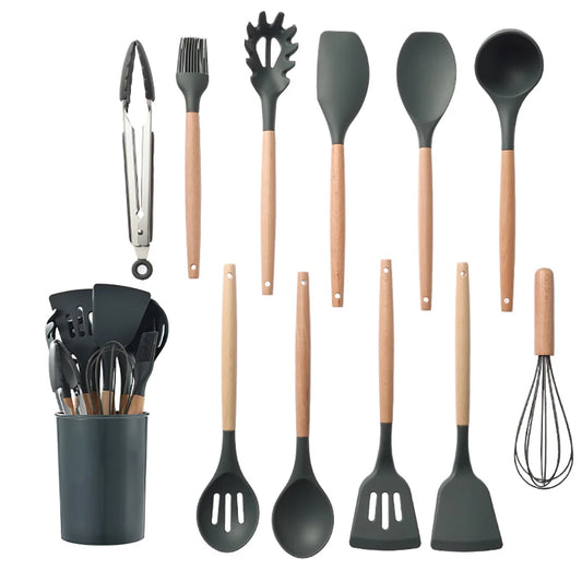 Feature Silicone Kitchen Utensils Set Nonstick Spatula Shovel Wooden Handle