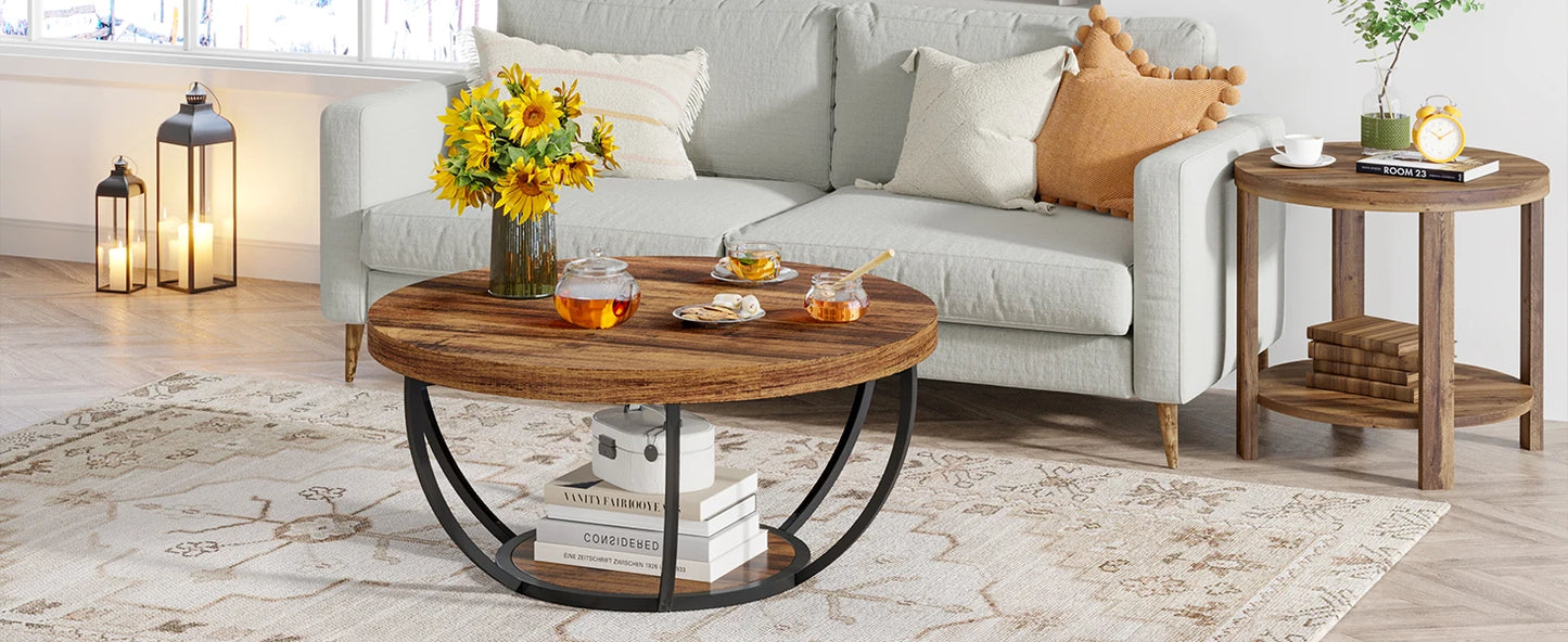 Tribesigns Round Coffee Table With Storage Shelves, Industrial Minimalist Wood