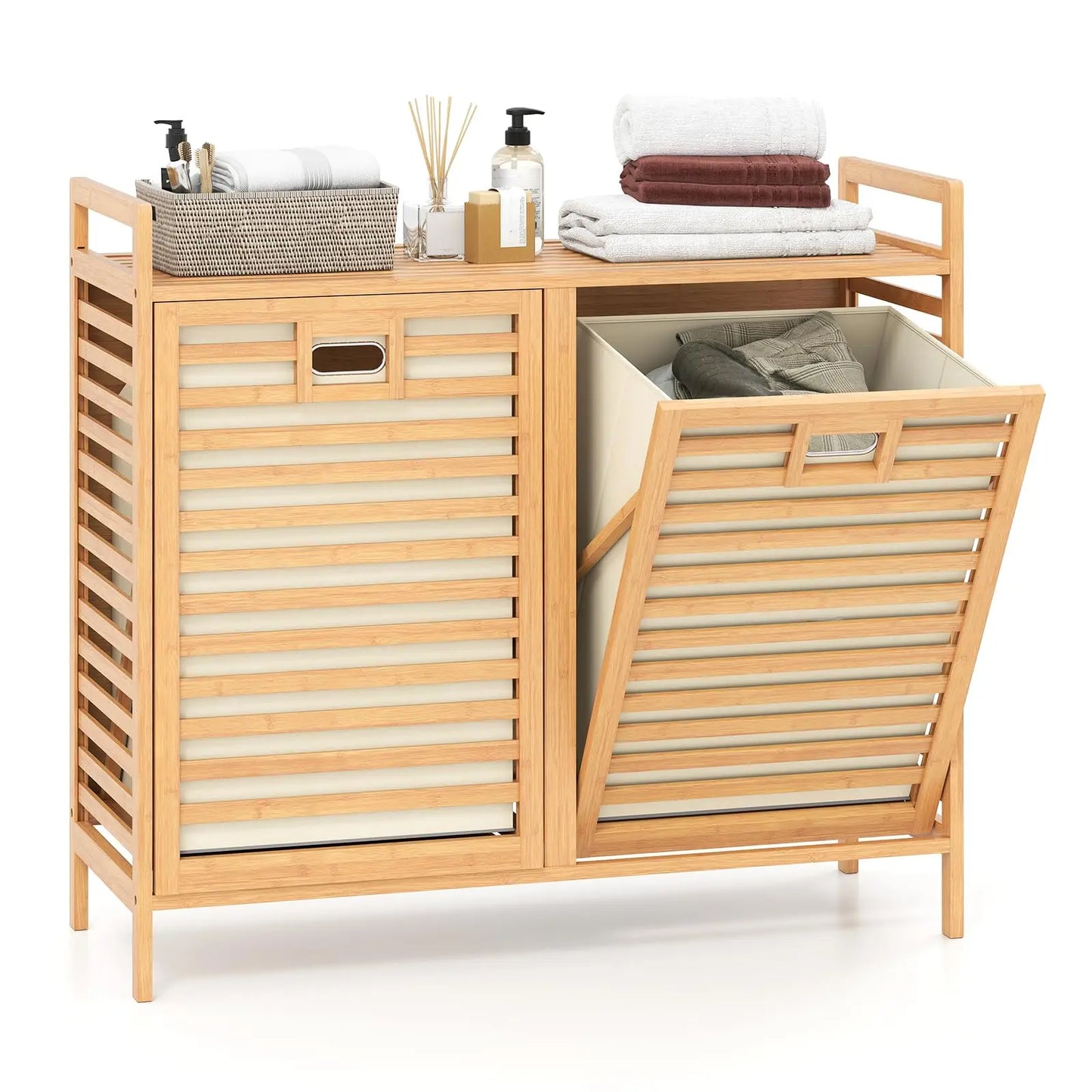 Tilt Out Bamboo Laundry Storage Hamper With Removable Bins