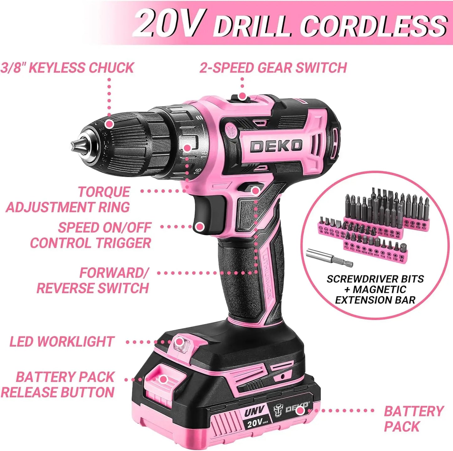 DEKODIY 20V Cordless Drill Kit With Battery