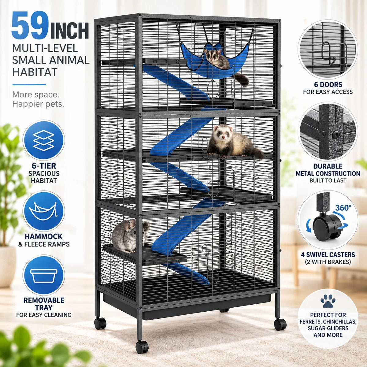 Metal Small Animal Cage with Ramps Hammock and Removable Tray