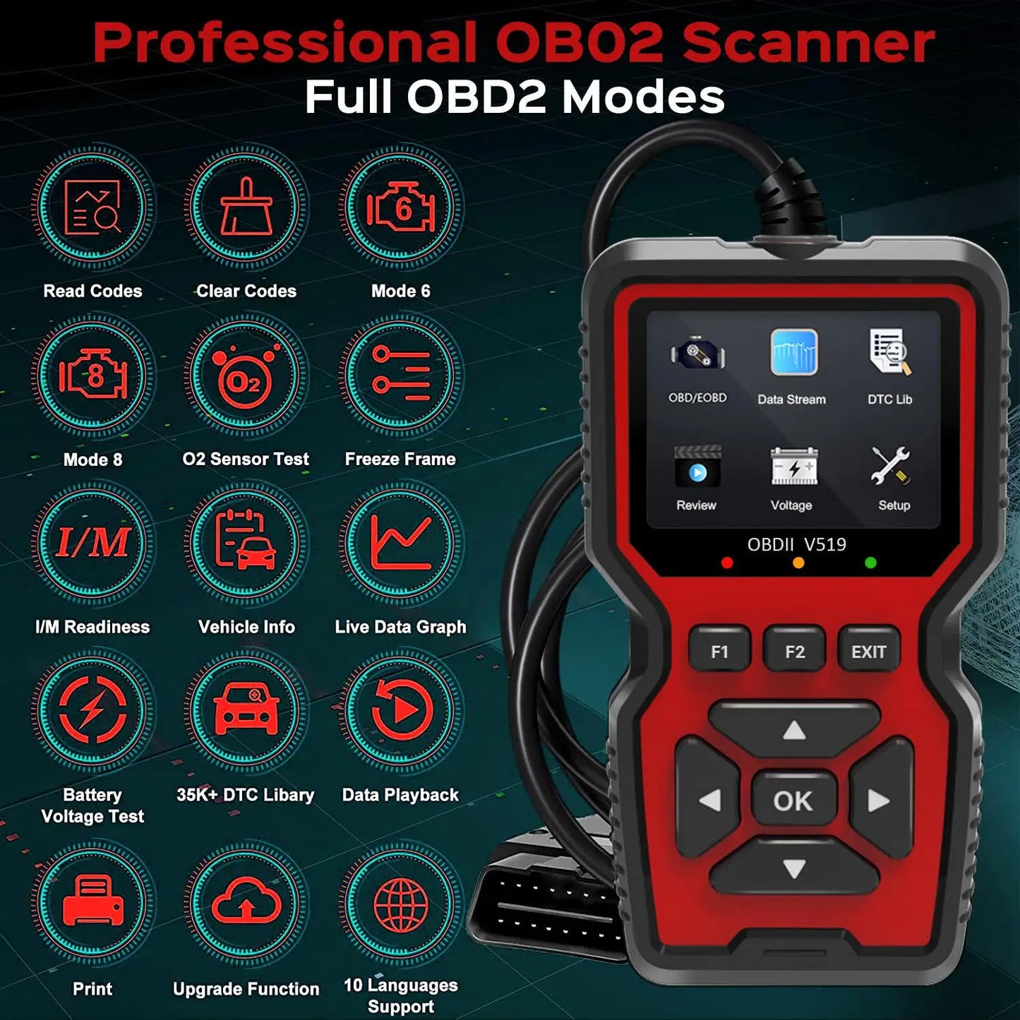 Hign Concerned OBD2 Scanner With Live Data OBDII Diagnostic Code Reader For Check Engine Light V519