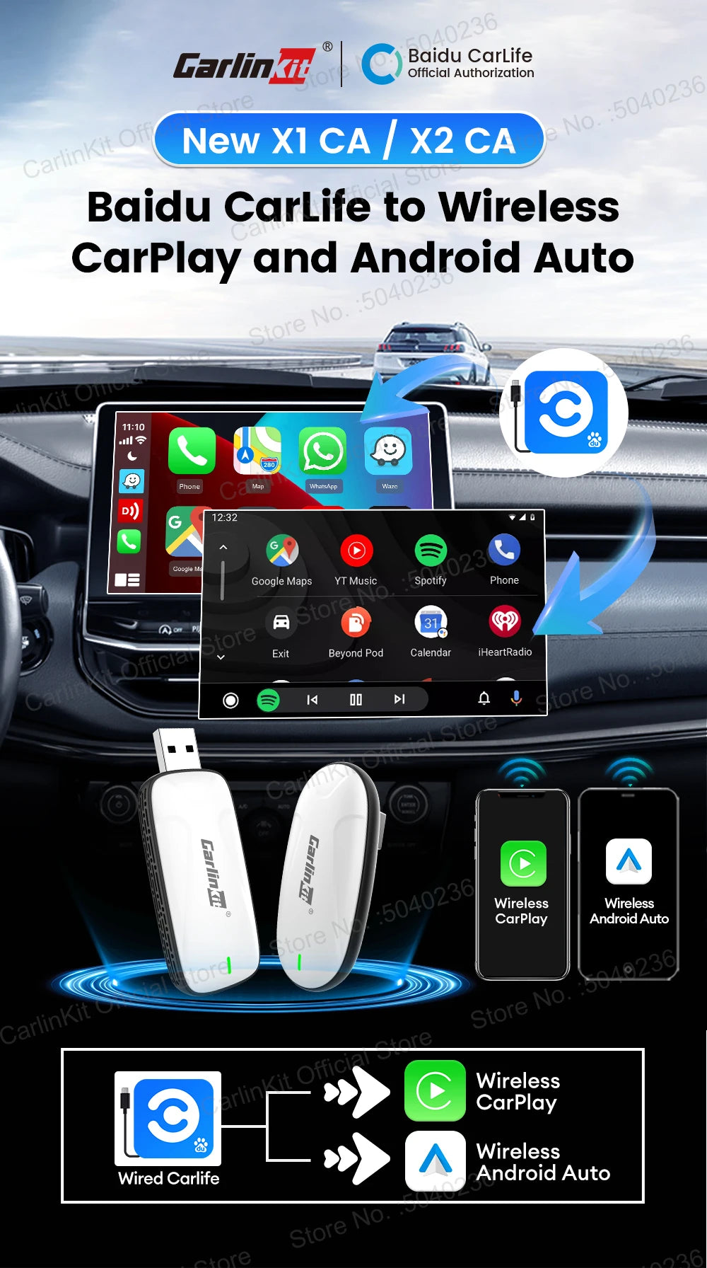 Carlinkit X1CA Baidu Carlife Wireless CarPlay Adapter 2In1