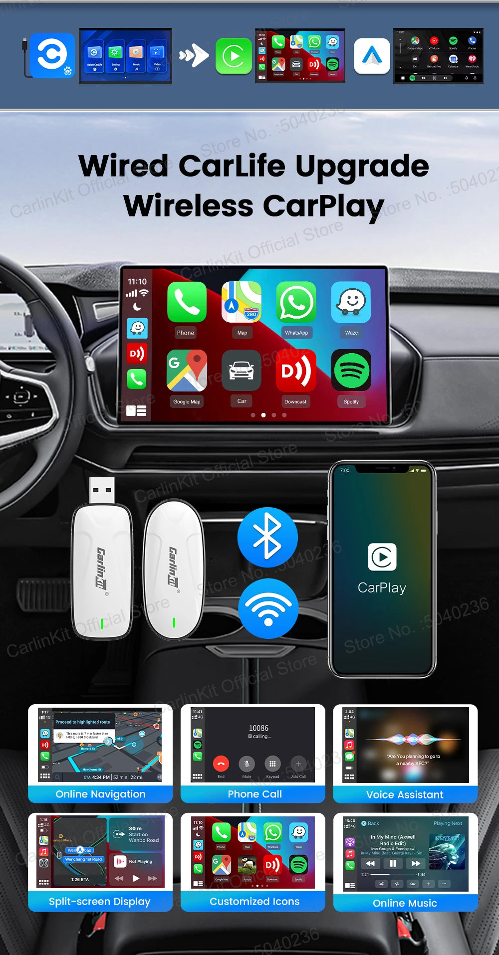 Carlinkit X1CA Baidu Carlife Wireless CarPlay Adapter 2In1