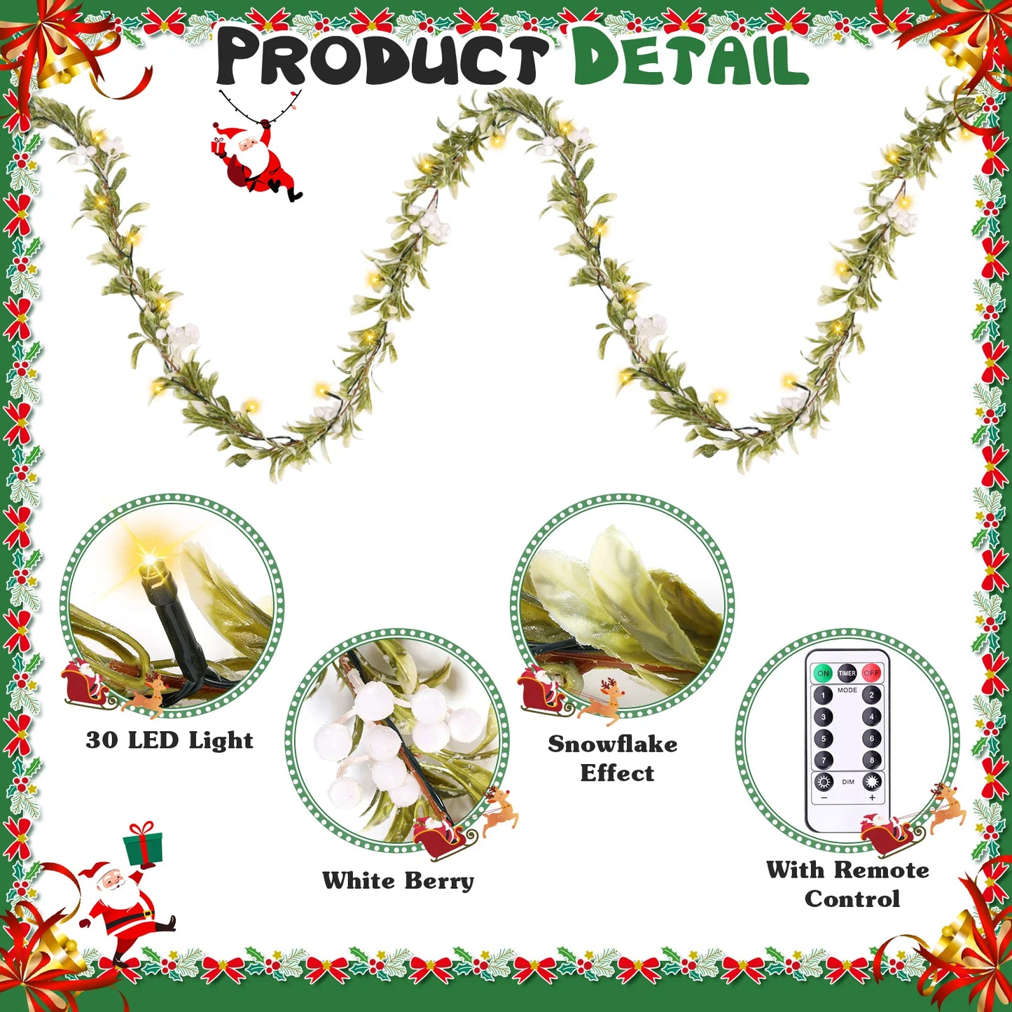 VKTECH Mistletoe Christmas Garland With Prelit Lights And Berry Accents