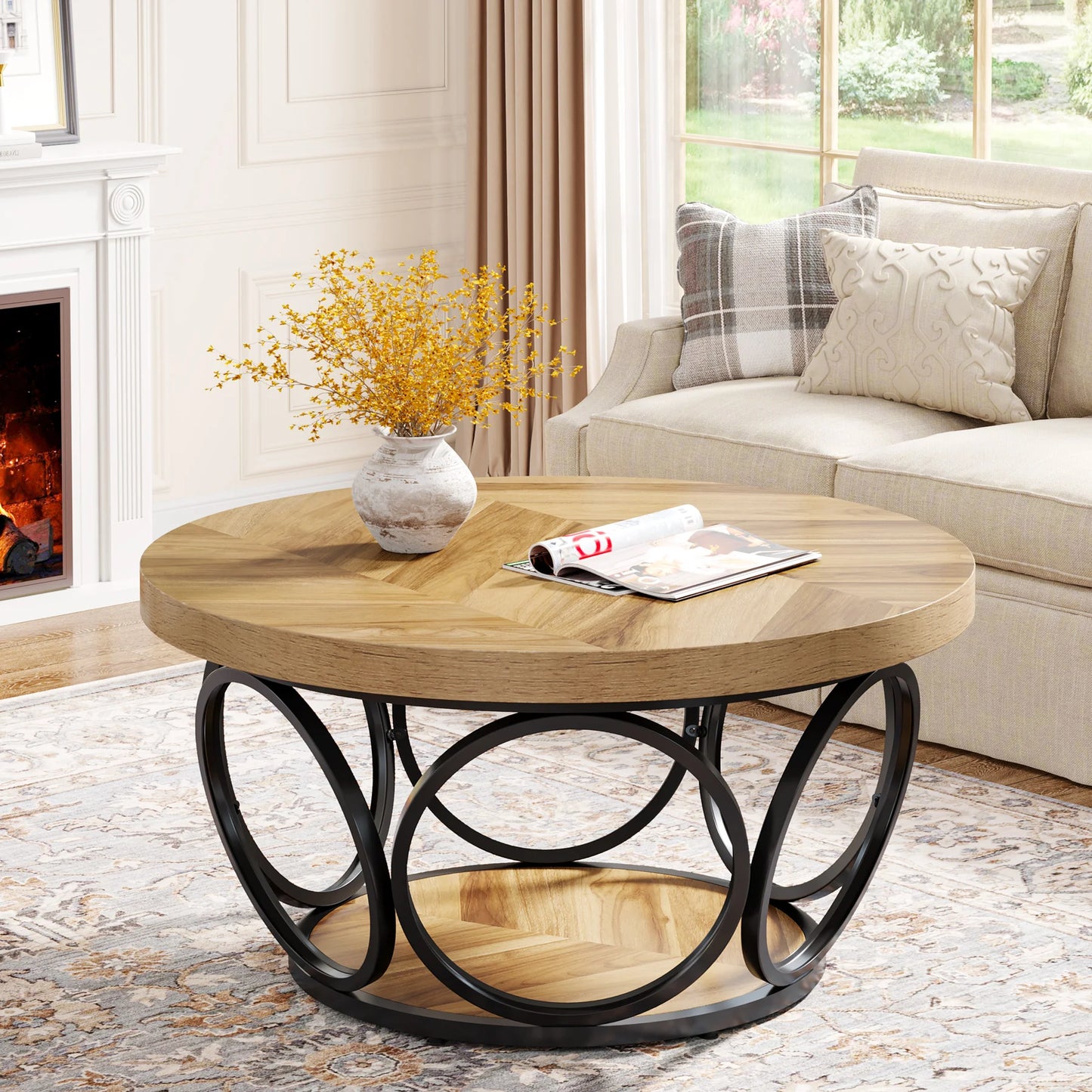 Tribesigns Round Coffee Table With Storage Shelves, Industrial Minimalist Wood