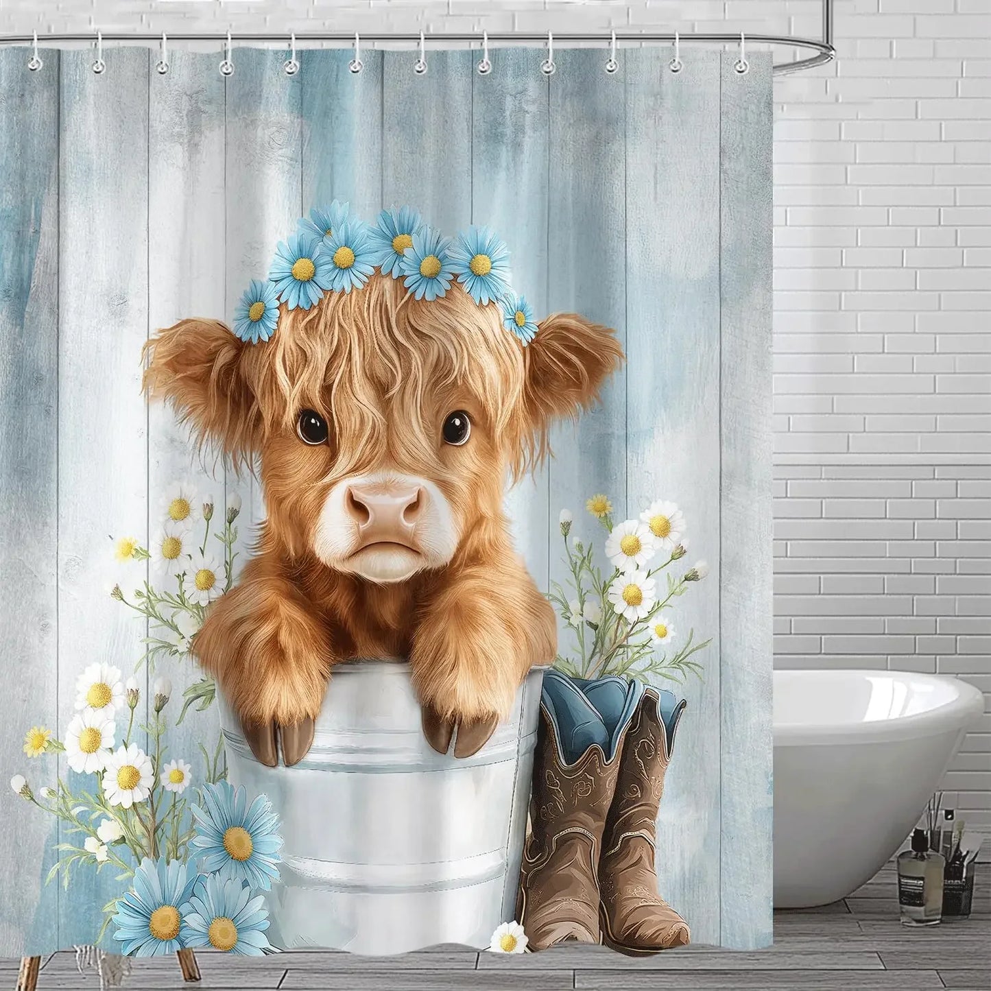 Western Highland Cow Shower Curtain Waterproof Farmhouse Decor