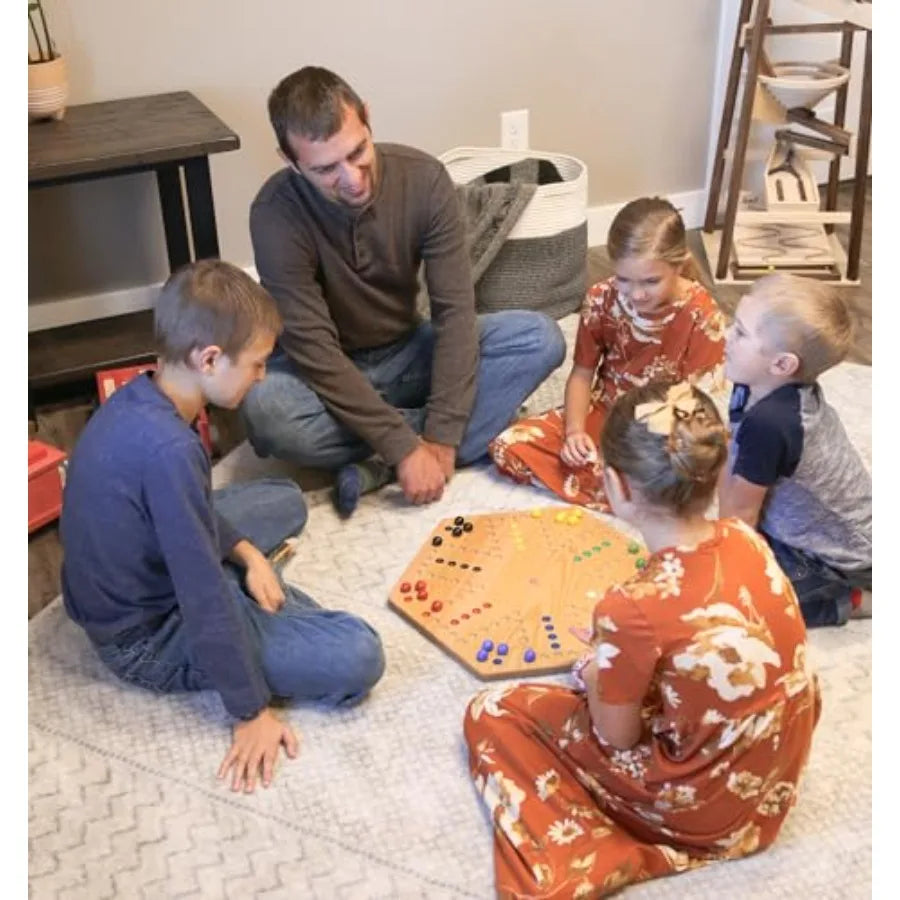XMSJ Wahoo Marble Game Board Set Double Sided Oak Wood with Marbles and Dice For Indoor Use