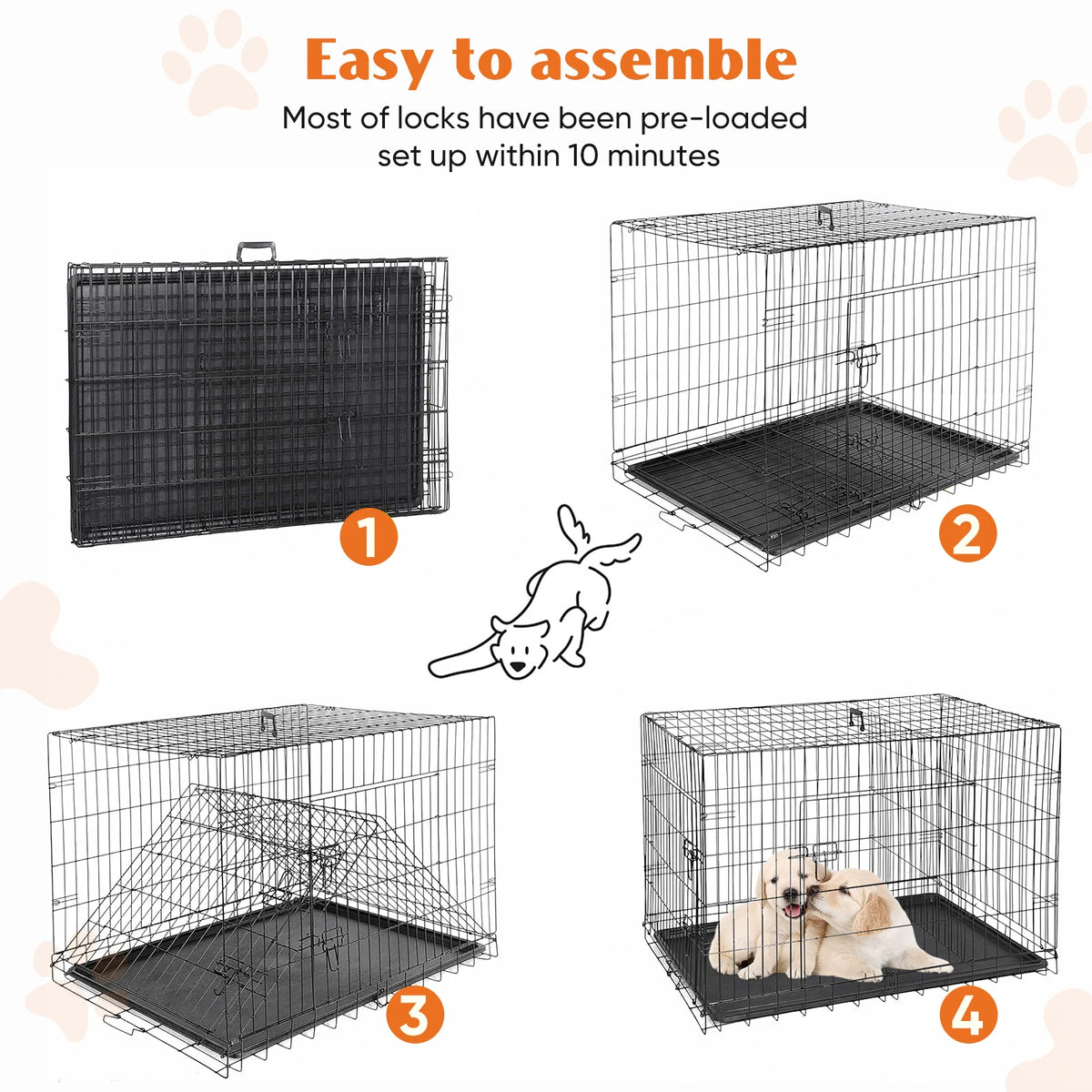 JHK Folding Metal Wire Dog Crate With Leak Proof Pan