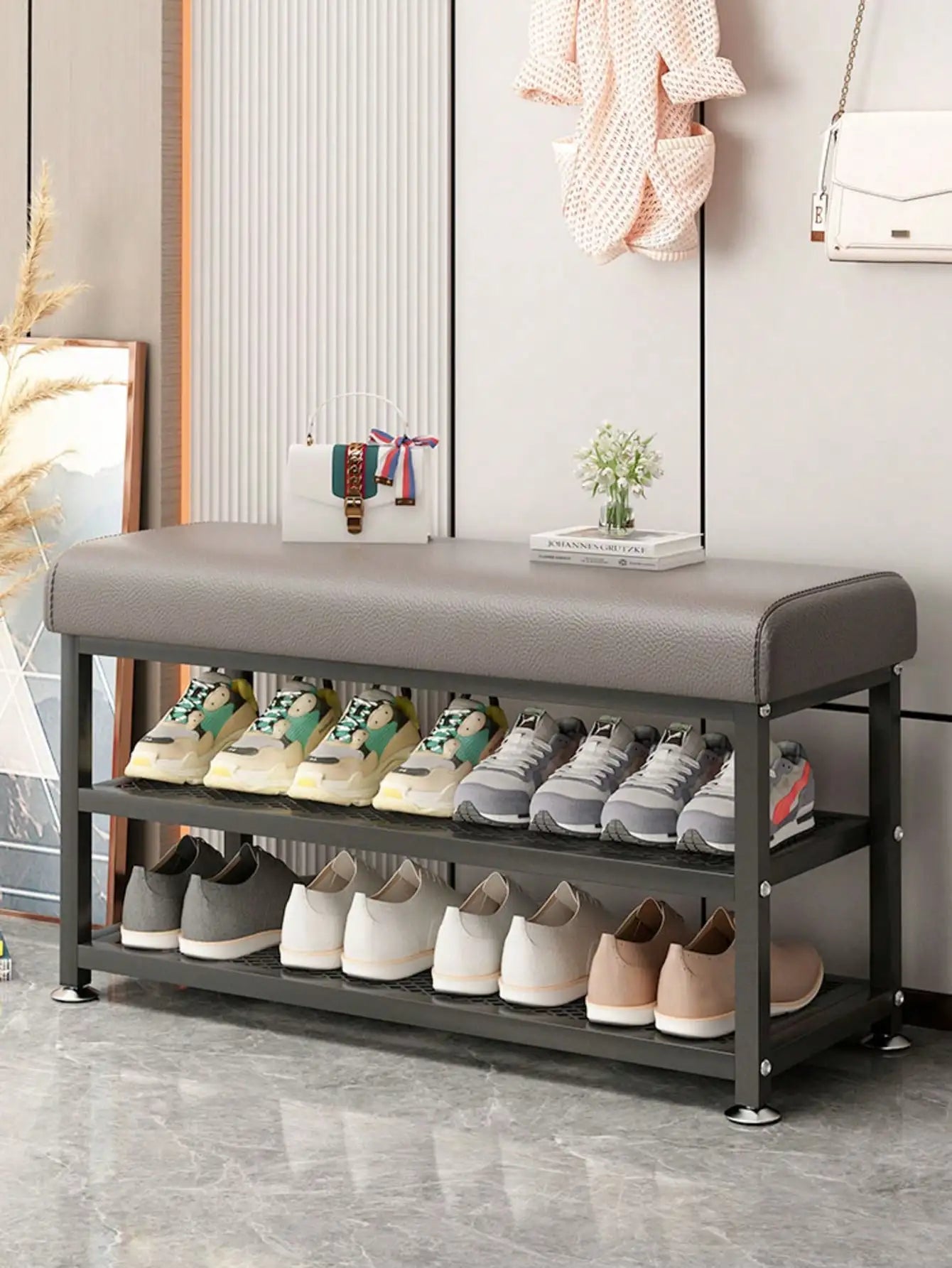 Storage Bench With Metal Frame Cushioned Shoe Organizer For Bedroom