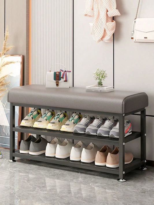 Storage Bench With Metal Frame Cushioned Shoe Organizer For Bedroom