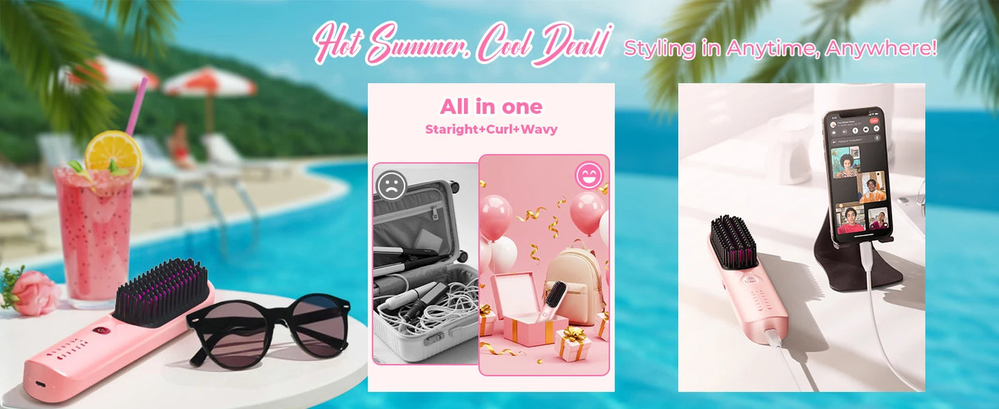 BOPCAL Cordless Hair Straightener Brush 450F Adjustable Temp 30s