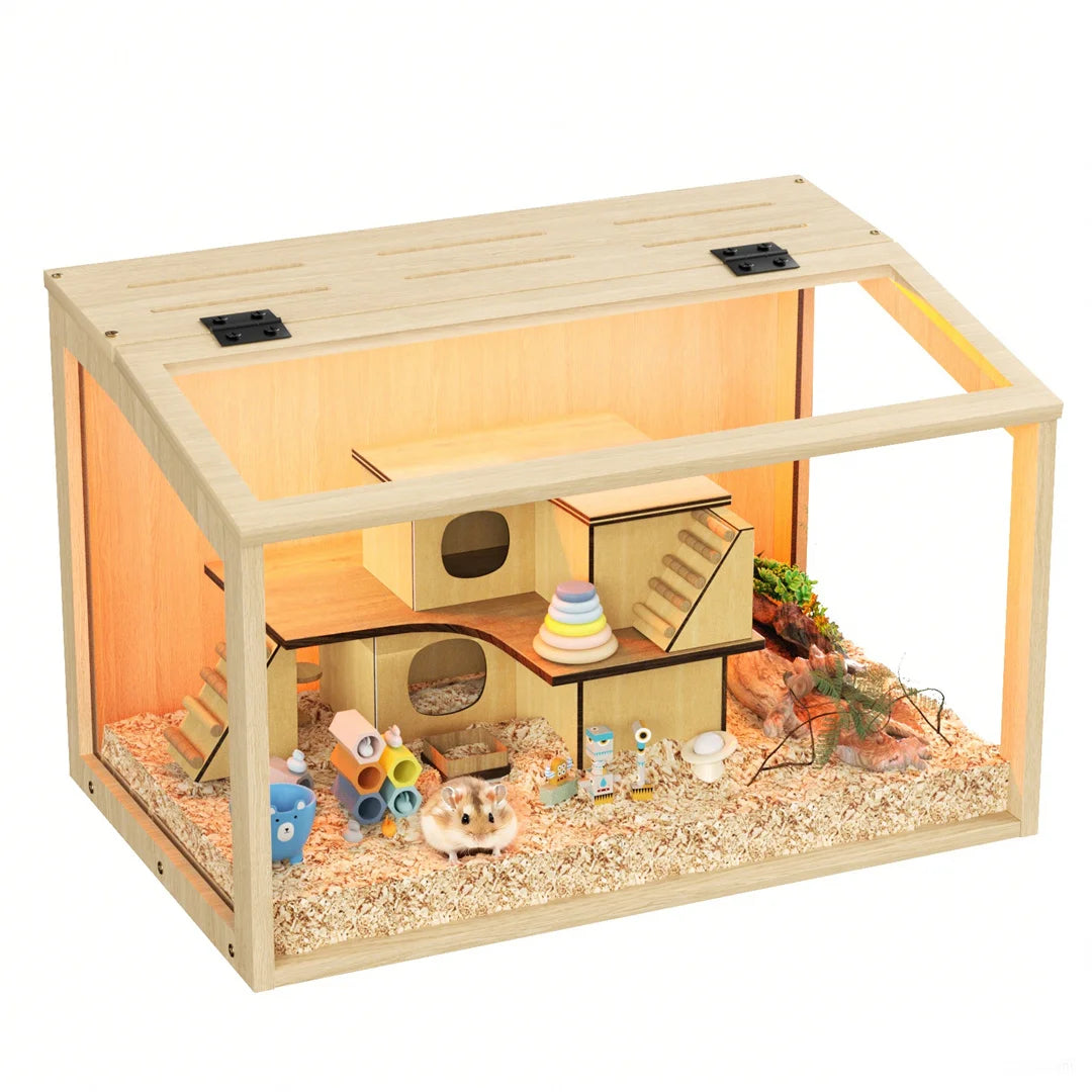 Wooden Hamster Cage Habitat with Glass Panels and LED Light
