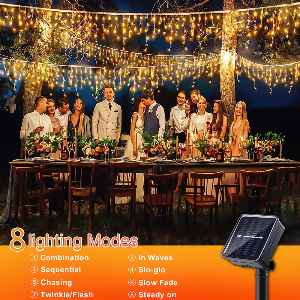 WELPUR Solar Icicle Curtain Lights Outdoor LED 8 Modes