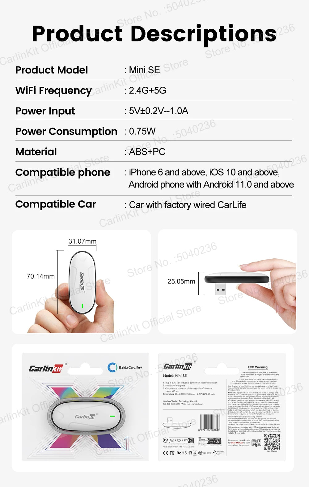 Carlinkit X1CA Baidu Carlife Wireless CarPlay Adapter 2In1