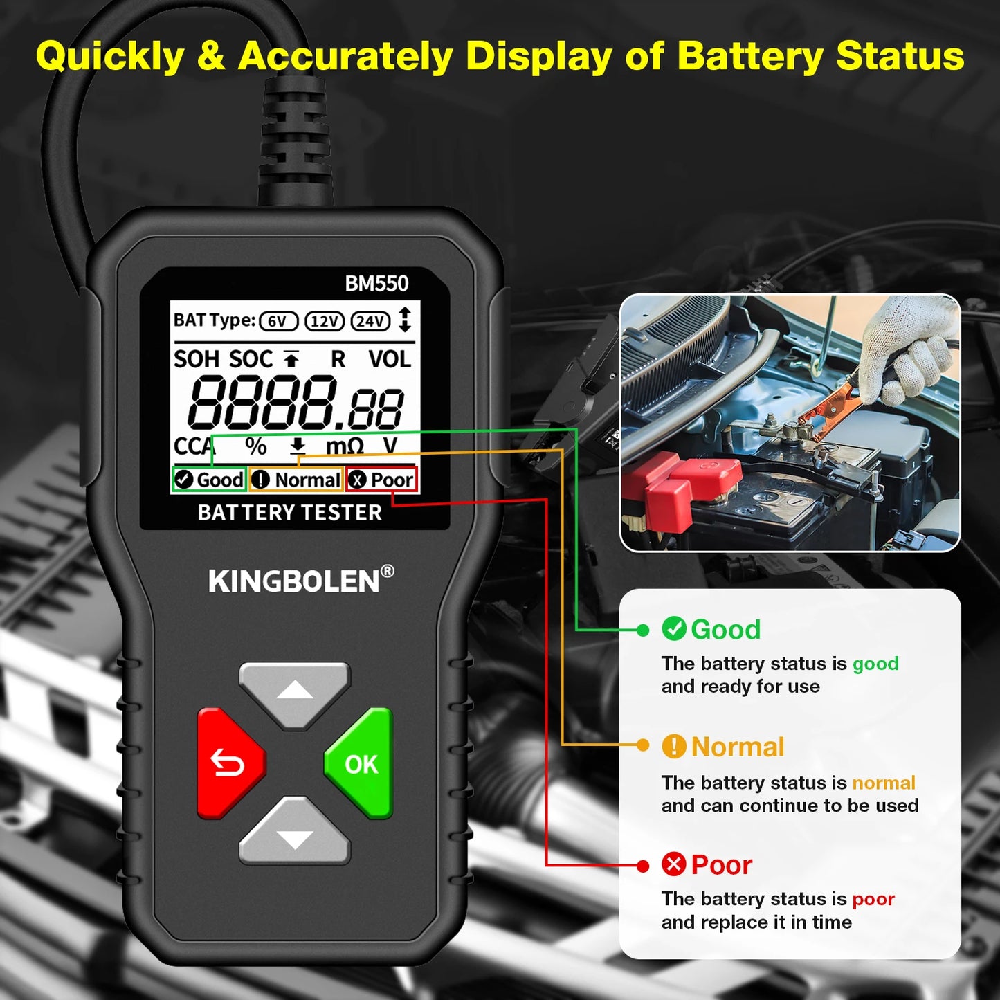 Kingbolen BM550 Plus Car Battery Tester 6V 12V 24V Device