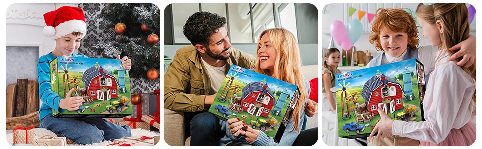 HOGOKIDS Farm Barn Building Set With Light Windmill Tractor Animals