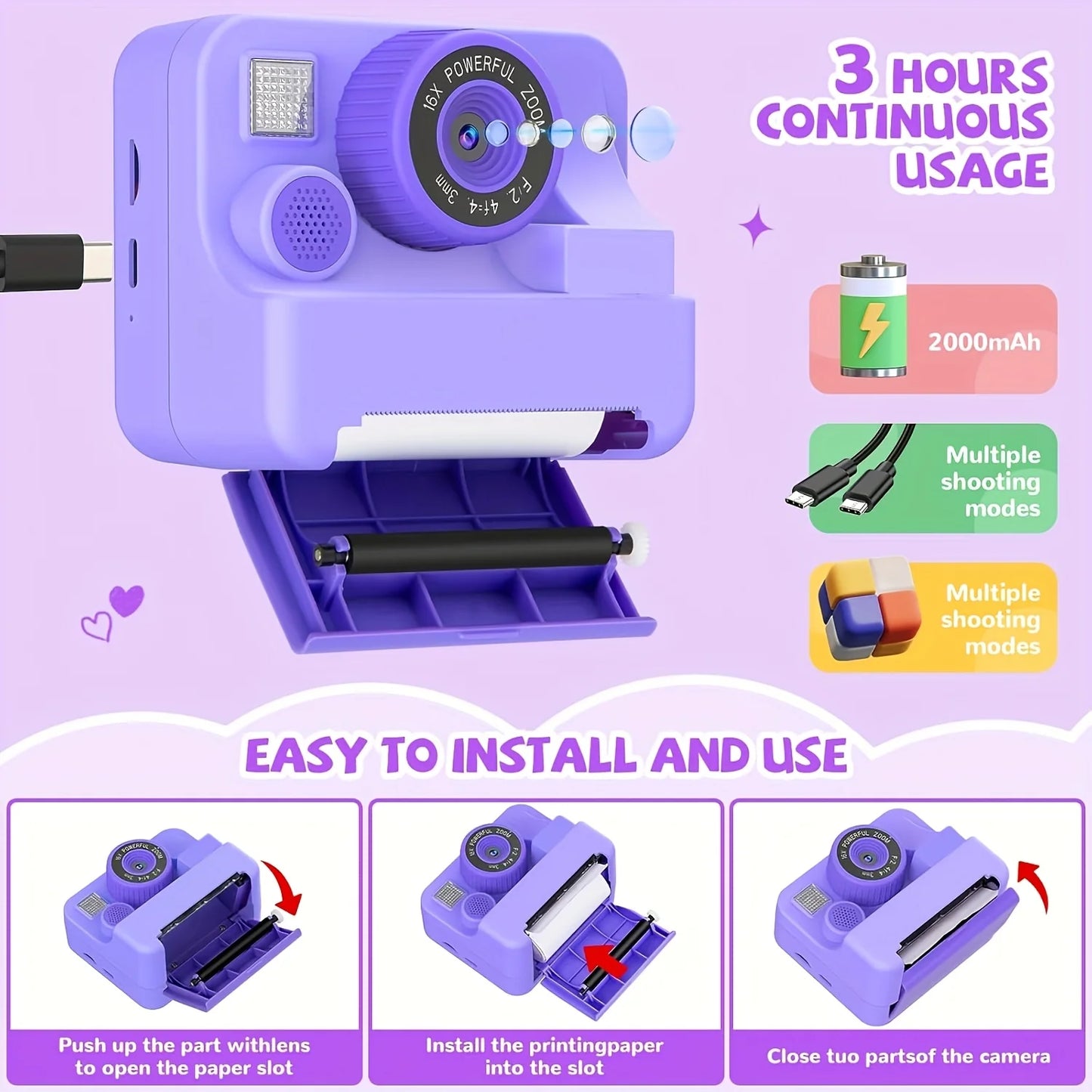 Instant Print Camera For Kids With Front And Back Cameras