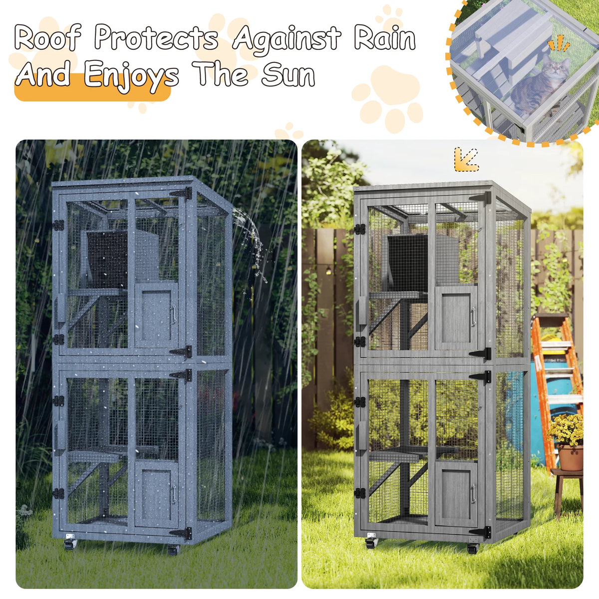 Outdoor Cat Catio Enclosure With Wheels And Waterproof Roof