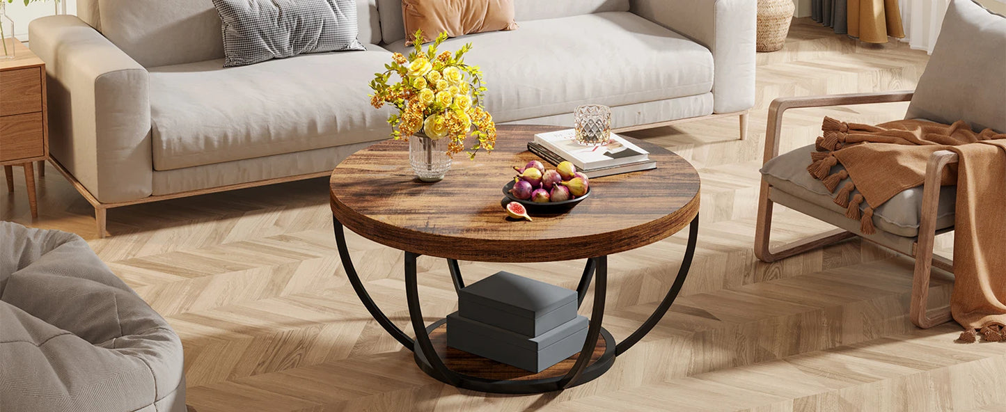 Tribesigns Round Coffee Table With Storage Shelves, Industrial Minimalist Wood