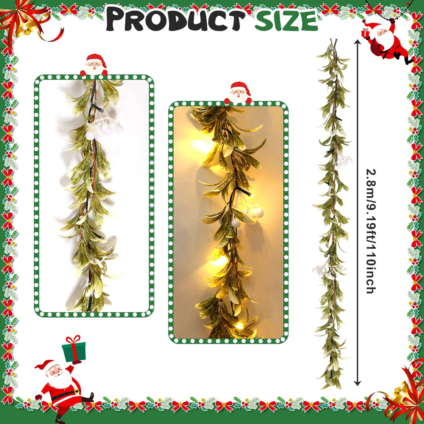 VKTECH Mistletoe Christmas Garland With Prelit Lights And Berry Accents