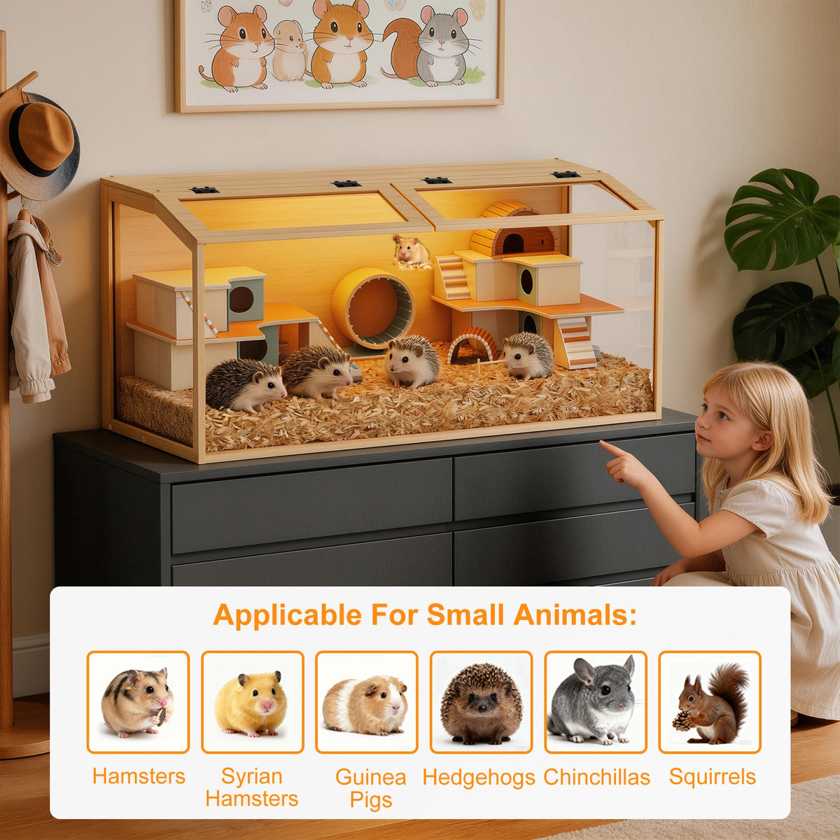 Wooden Hamster Cage Habitat with Glass Panels and LED Light