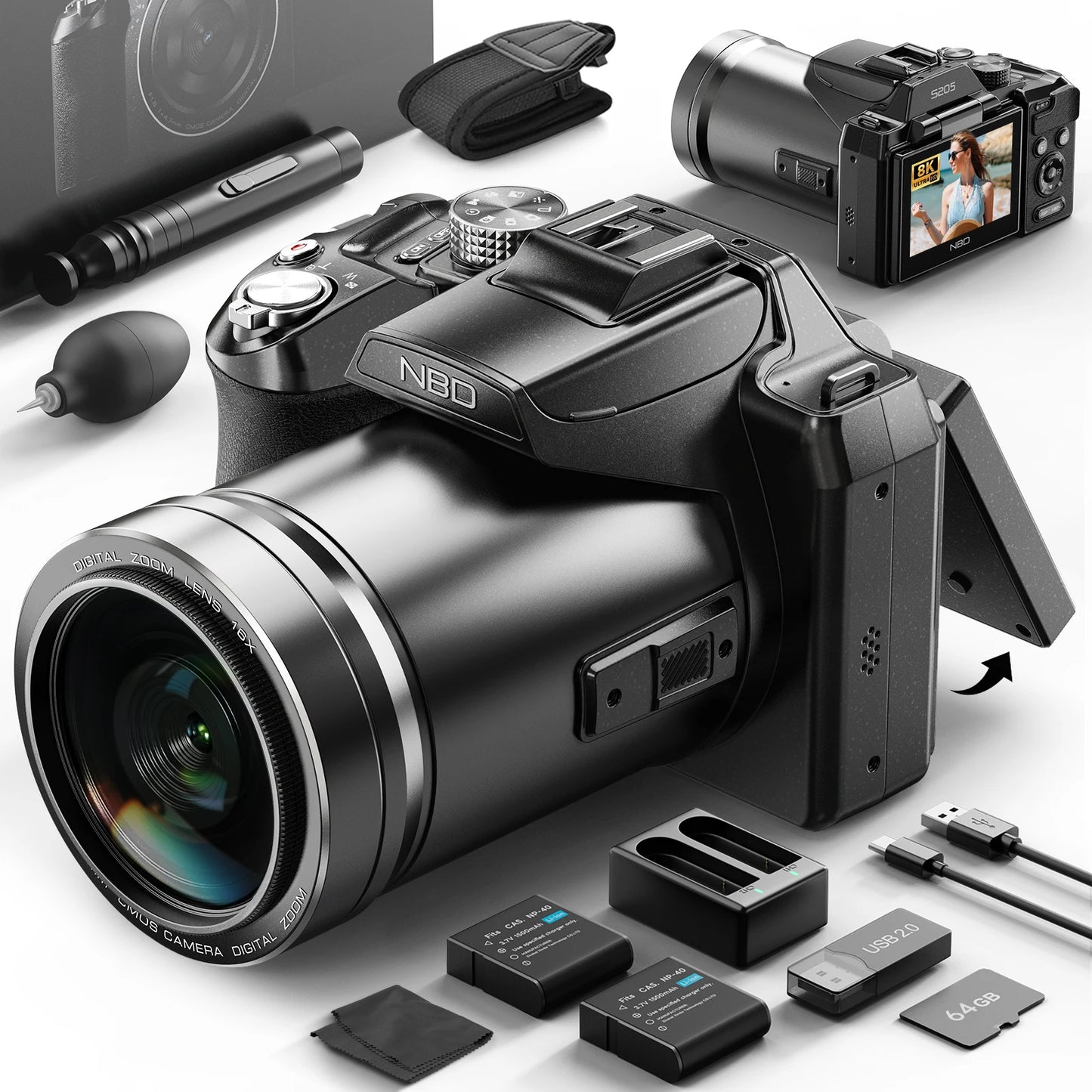 NBD S205E 64MP 5K Digital Camera Flip Screen 16X Zoom
