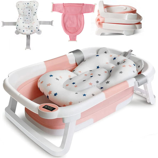 Foldable Baby Bath Tub Cushion And Thermometer Non Slip Collapsible