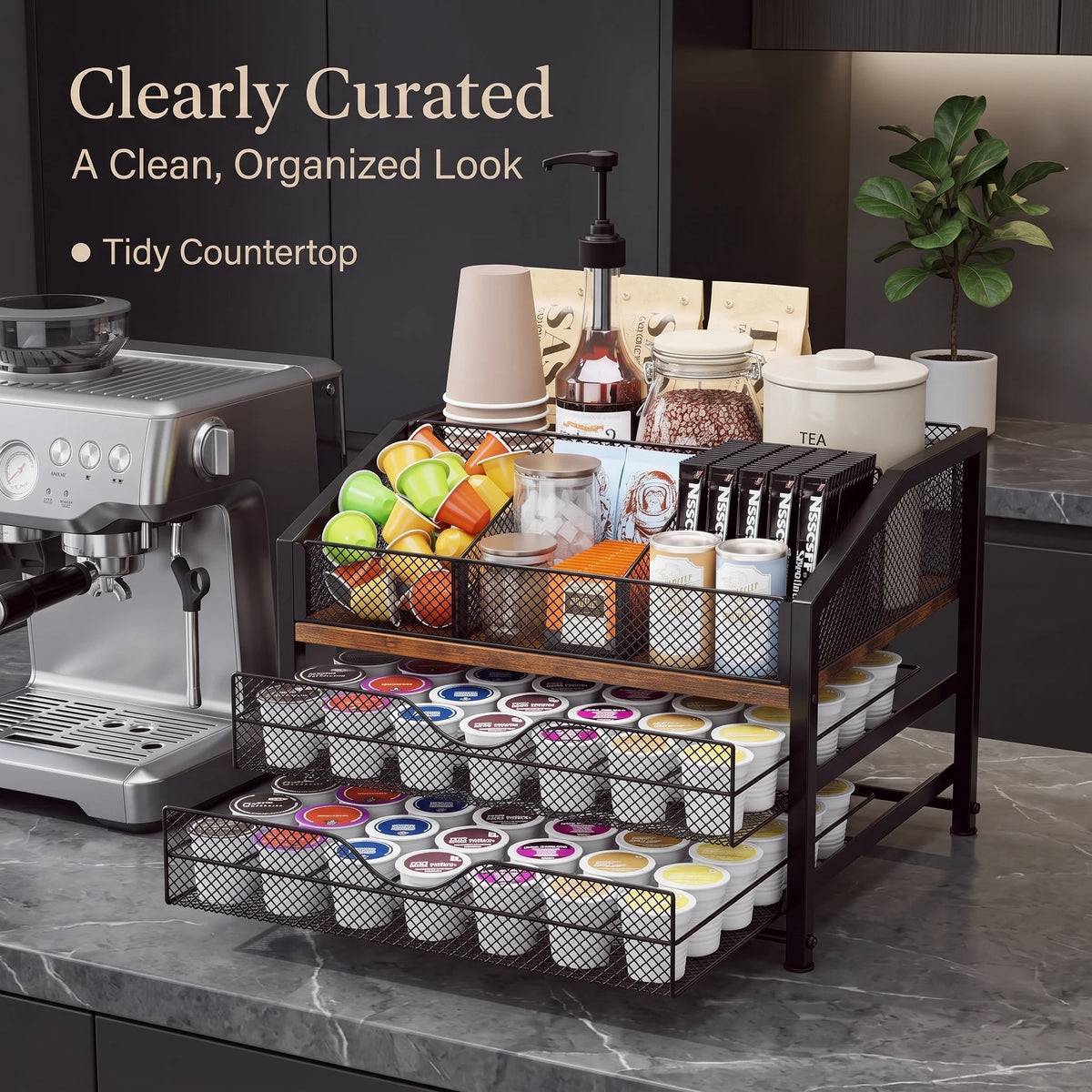 Countertop Coffee Station Organizer with K Cup Pod Storage Basket
