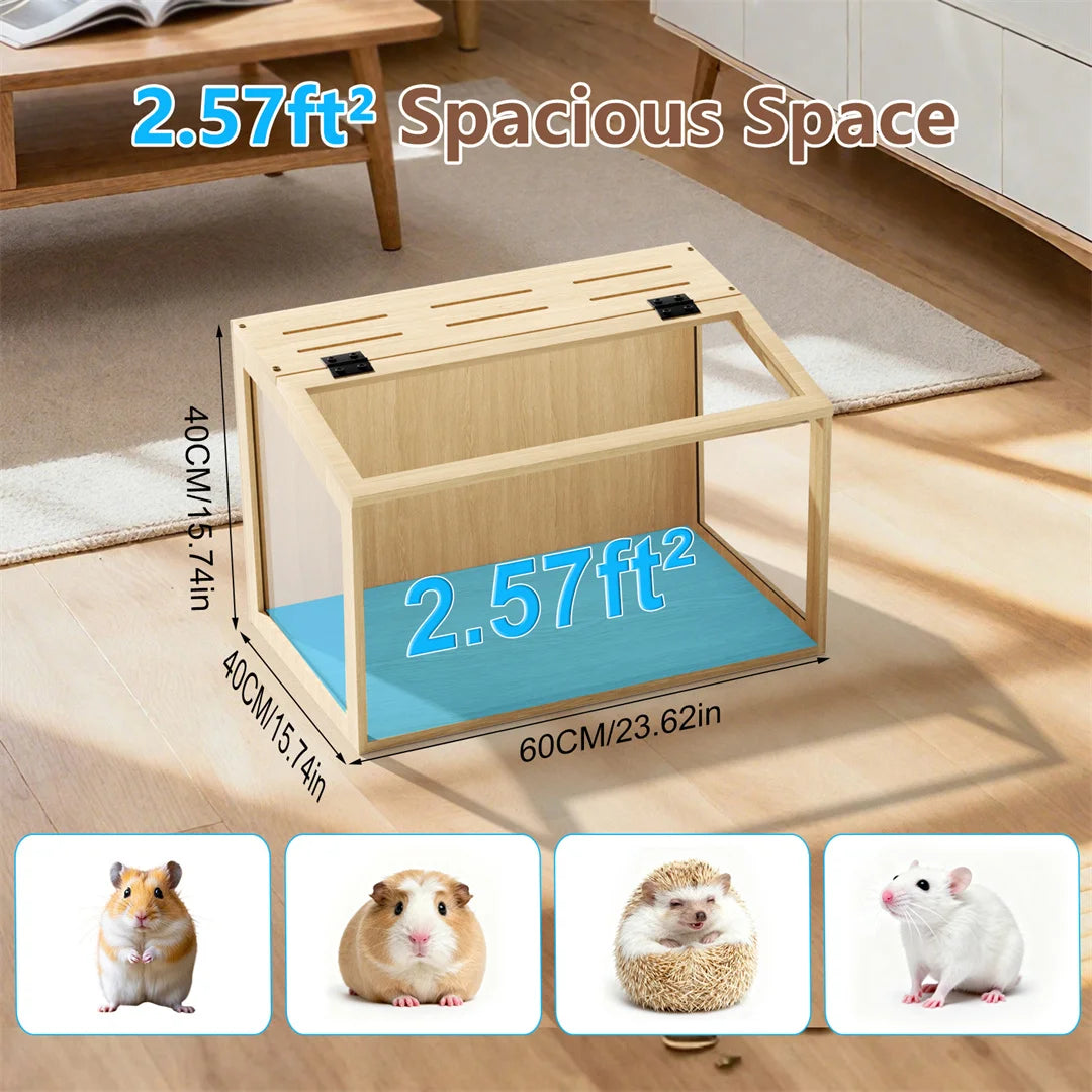 Wooden Hamster Cage Habitat with Glass Panels and LED Light
