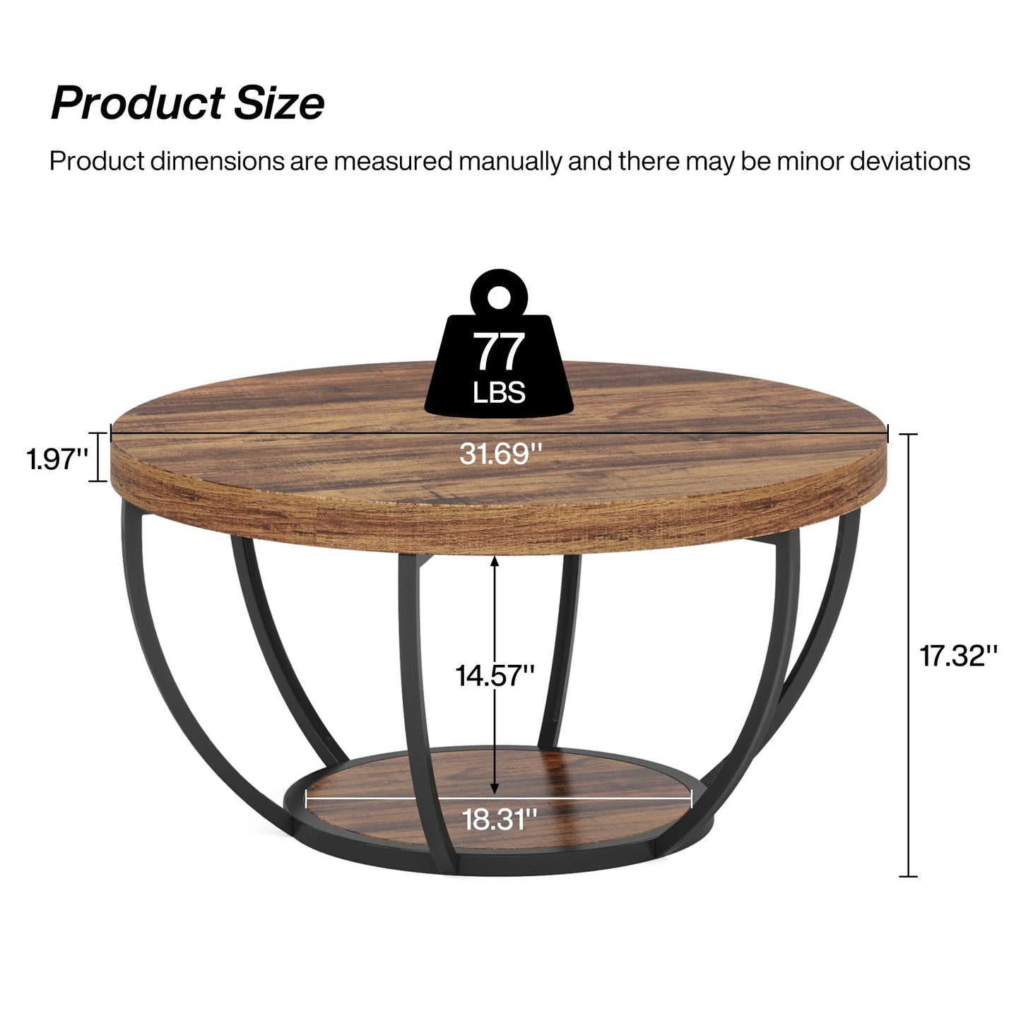Tribesigns Round Coffee Table With Storage Shelves, Industrial Minimalist Wood