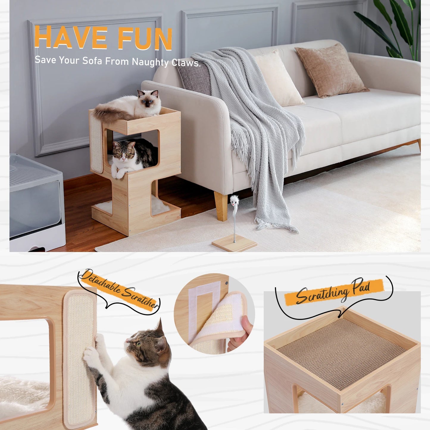 PAWZ Road Wood Cat Condo Tower With Scratching Pad Mats