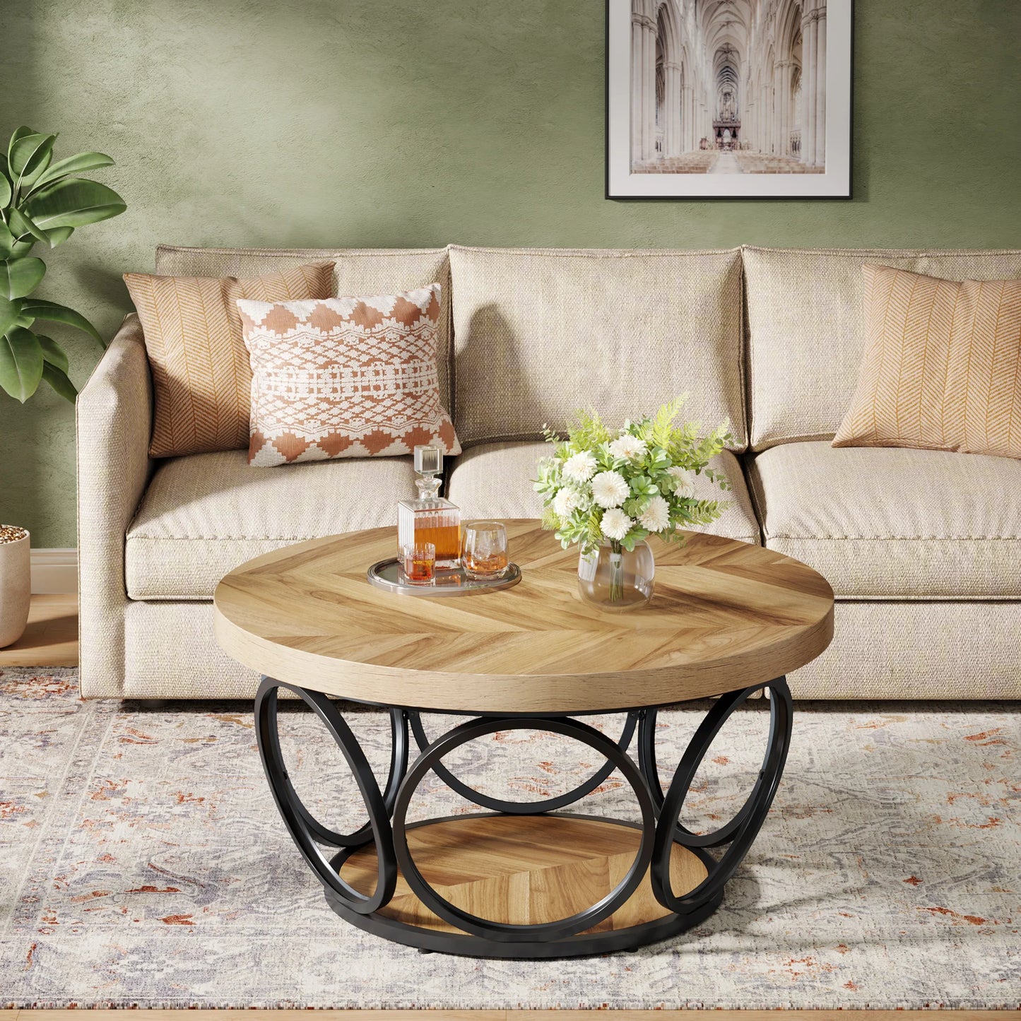 Tribesigns Round Coffee Table With Storage Shelves, Industrial Minimalist Wood
